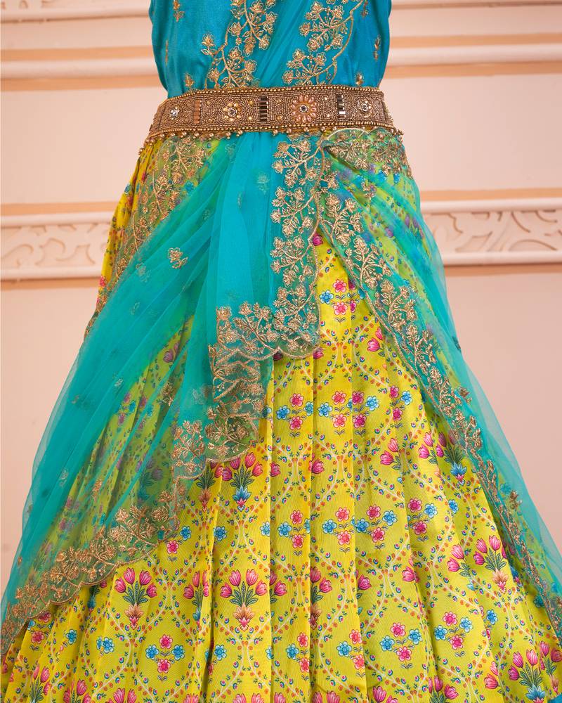 Lemon Yellow Kalamkari Floral Digital Printed Half Saree