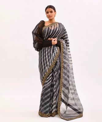 Black Hand Embroidered Lahariya Saree Set 1