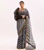 Black Hand Embroidered Lahariya Saree Set