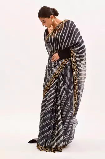 Black Hand Embroidered Lahariya Saree Set