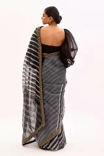 Black Hand Embroidered Lahariya Saree Set