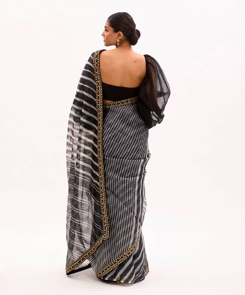 Black Hand Embroidered Lahariya Saree Set