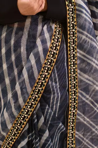 Black Hand Embroidered Lahariya Saree Set