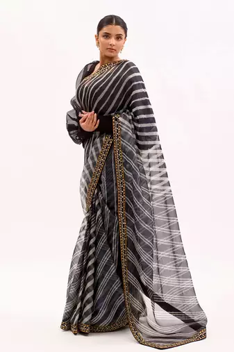 Black Hand Embroidered Lahariya Saree Set