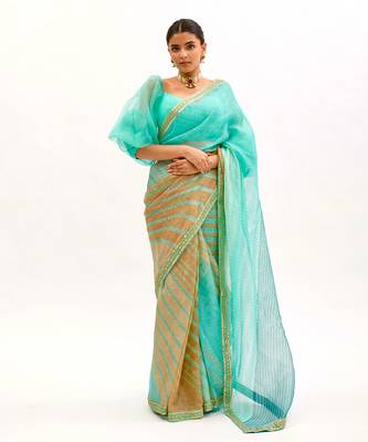 Sea Green Hand Embroidered Lahariya Saree Set 1
