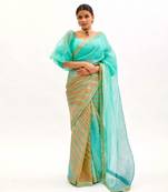 Sea Green Hand Embroidered Lahariya Saree Set