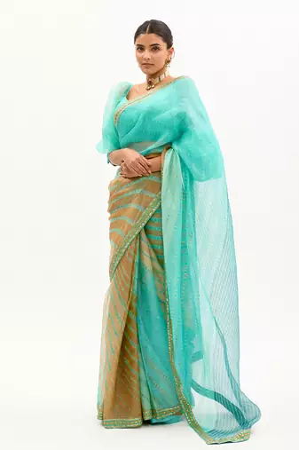 Sea Green Hand Embroidered Lahariya Saree Set