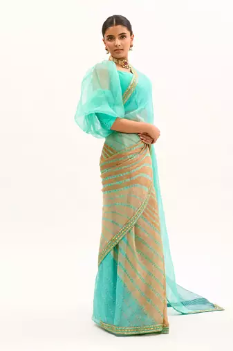 Sea Green Hand Embroidered Lahariya Saree Set