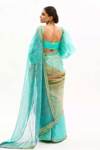 Sea Green Hand Embroidered Lahariya Saree Set