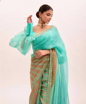 Sea Green Hand Embroidered Lahariya Saree Set 5