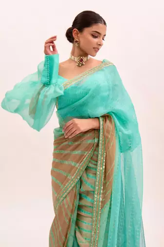 Sea Green Hand Embroidered Lahariya Saree Set