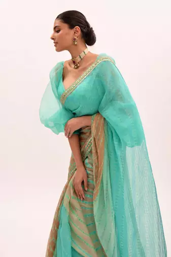 Sea Green Hand Embroidered Lahariya Saree Set