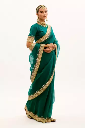 Emerald Green Hand Embroidered Gota Patti Bridal Saree Set