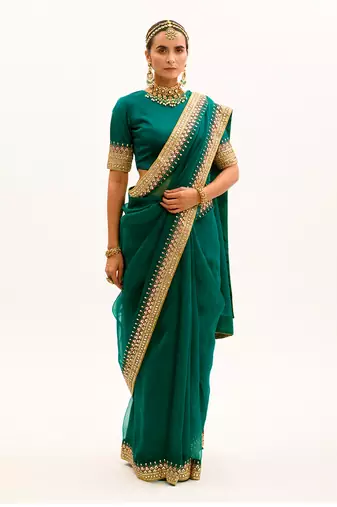 Emerald Green Hand Embroidered Gota Patti Bridal Saree Set