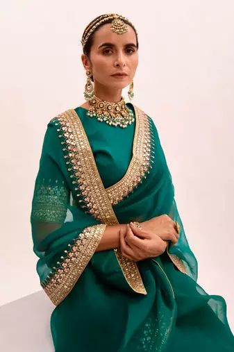 Emerald Green Hand Embroidered Gota Patti Bridal Saree Set