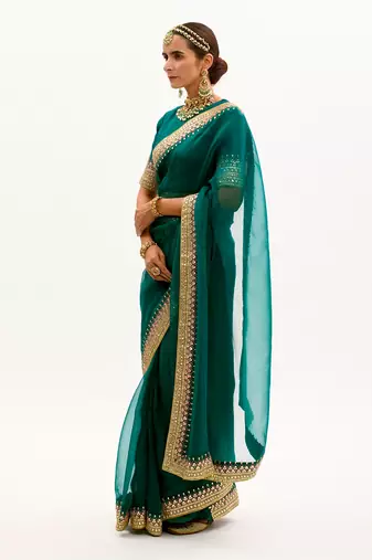 Emerald Green Hand Embroidered Gota Patti Bridal Saree Set