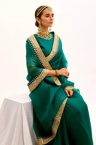 Emerald Green Hand Embroidered Gota Patti Bridal Saree Set