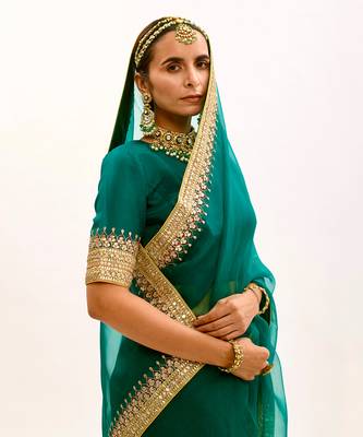Emerald Green Hand Embroidered Gota Patti Bridal Saree Set 8