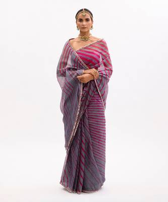 Grey-Red Hand Embroidered Lahariya Saree Set 1