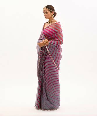 Grey-Red Hand Embroidered Lahariya Saree Set 2