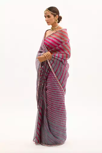 Grey-Red Hand Embroidered Lahariya Saree Set