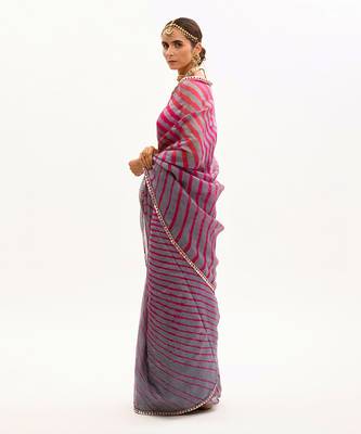 Grey-Red Hand Embroidered Lahariya Saree Set 3