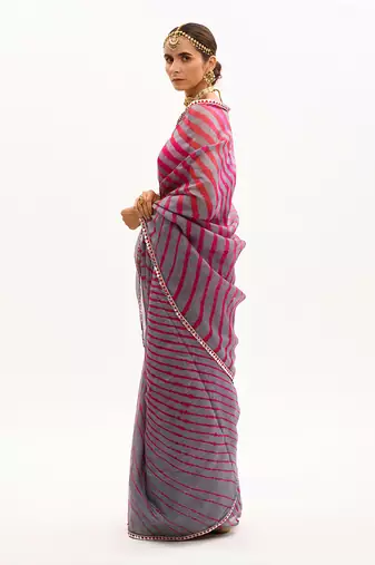 Grey-Red Hand Embroidered Lahariya Saree Set
