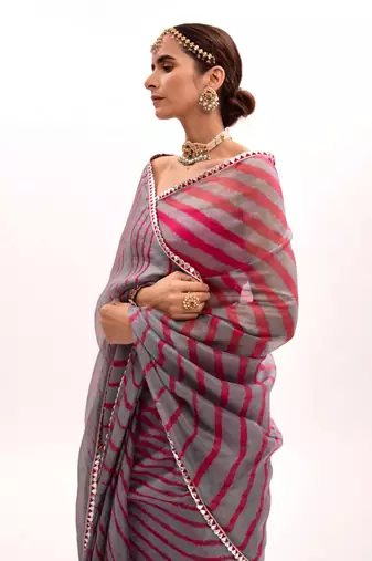 Grey-Red Hand Embroidered Lahariya Saree Set