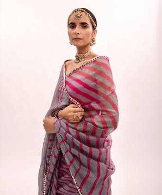 Grey-Red Hand Embroidered Lahariya Saree Set 6
