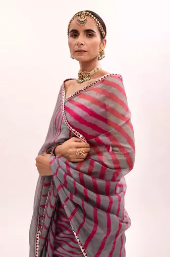 Grey-Red Hand Embroidered Lahariya Saree Set