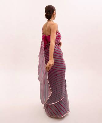 Grey-Red Hand Embroidered Lahariya Saree Set 7