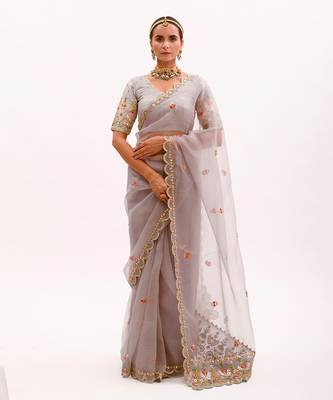 Grey Hand embroidered Saree Set 1