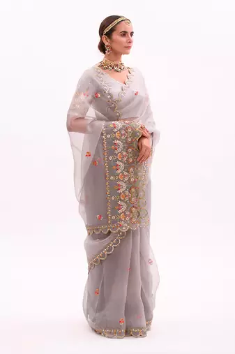 Grey Hand embroidered Saree Set