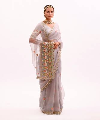 Grey Hand embroidered Saree Set 3