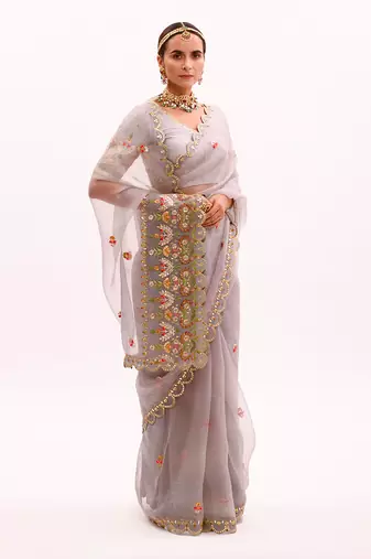 Grey Hand embroidered Saree Set