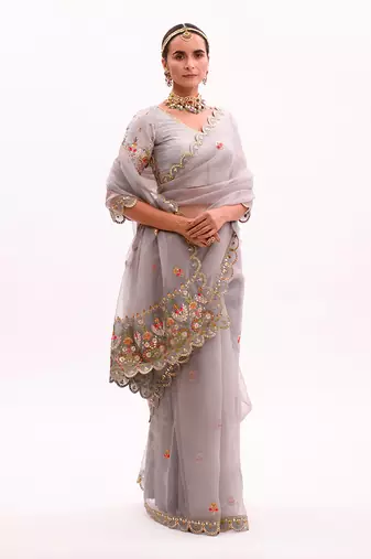 Grey Hand embroidered Saree Set