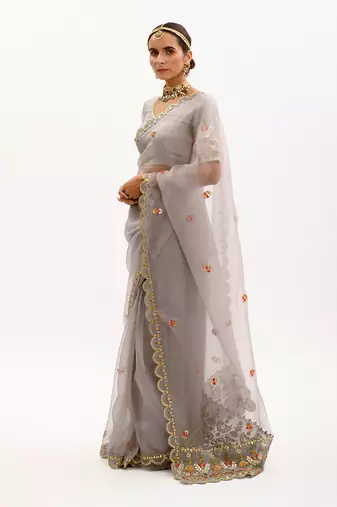 Grey Hand embroidered Saree Set