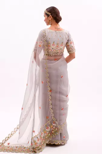 Grey Hand embroidered Saree Set