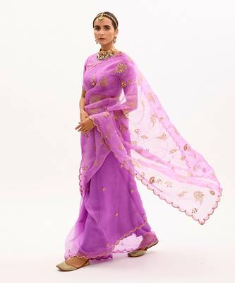 Purple Hand Embroidered Gota Patti Jaal Saree Set 2