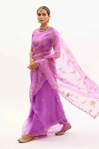 Purple Hand Embroidered Gota Patti Jaal Saree Set