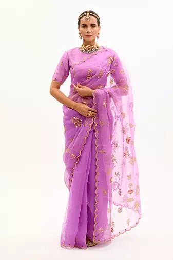 Purple Hand Embroidered Gota Patti Jaal Saree Set