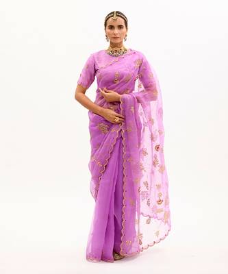 Purple Hand Embroidered Gota Patti Jaal Saree Set 4