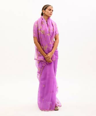 Purple Hand Embroidered Gota Patti Jaal Saree Set 5