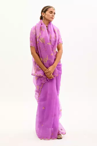 Purple Hand Embroidered Gota Patti Jaal Saree Set