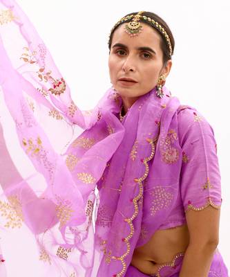 Purple Hand Embroidered Gota Patti Jaal Saree Set 6