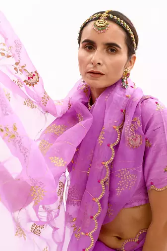 Purple Hand Embroidered Gota Patti Jaal Saree Set