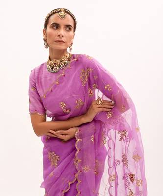 Purple Hand Embroidered Gota Patti Jaal Saree Set 7