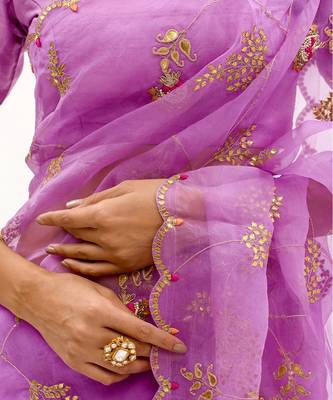 Purple Hand Embroidered Gota Patti Jaal Saree Set 8