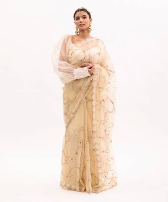 Ivory Hand embroidered Jaal Saree Set 1