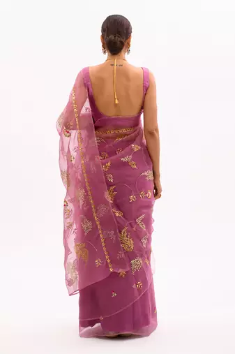 Lilac Hand Embroidered Jaal Saree Set